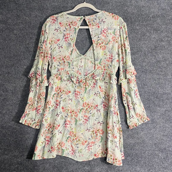 Raga Mini Dress Medium Green Pink Floral Print Secret Escape Long Sleeve - Picture 4 of 12